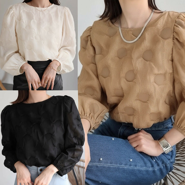 エンボスドットパフスリーブブラウス