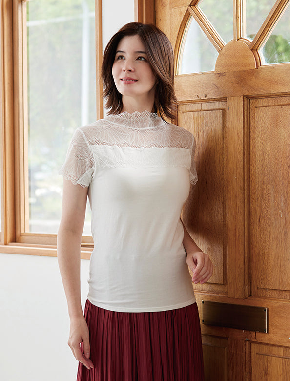 フィットブラ付ハイネックレースインナーフレンチ袖 | Northmall