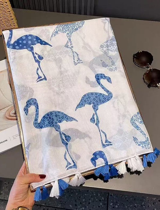 タッセル付きバードプリントストール