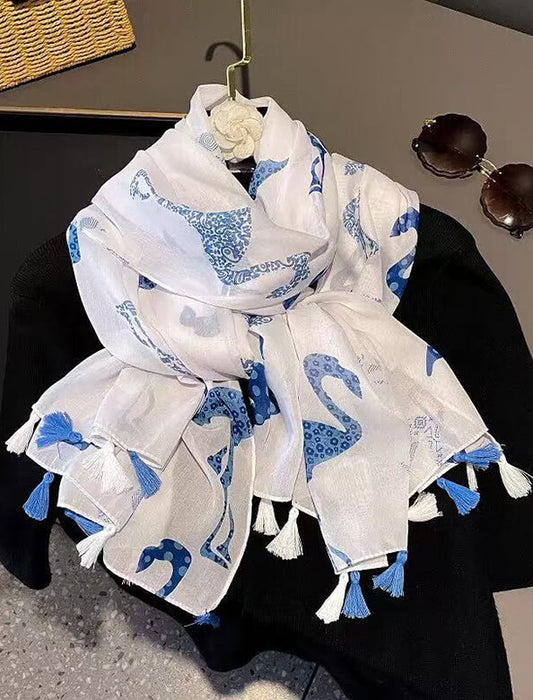 タッセル付きバードプリントストール