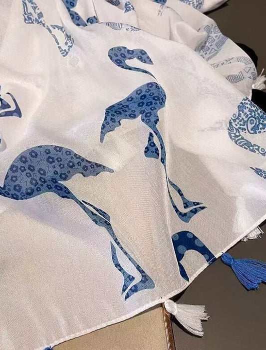 タッセル付きバードプリントストール