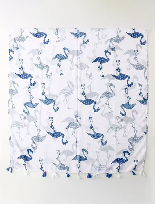 タッセル付きバードプリントストール