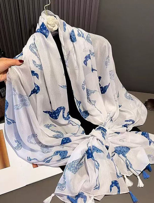 タッセル付きバードプリントストール