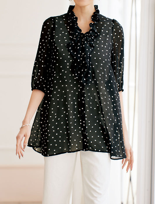 【受注】ドットシフォンフリル衿ブラウス