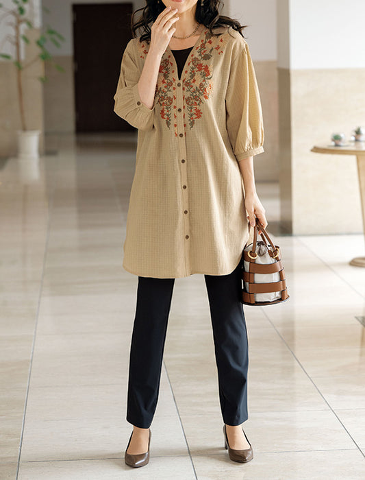 【受注】綿シャドーチェック素材刺しゅう入りロングブラウス