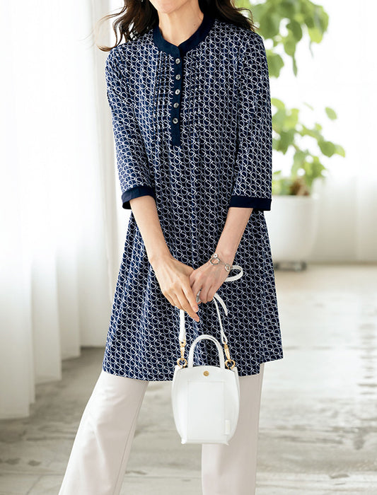 【受注】ピンタック七分袖プリントチュニックプルオーバー