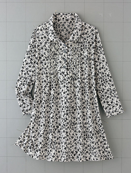 【受注】ピンタック使いモノトーンプリント衿付プルオーバー