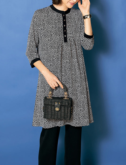 【受注】ピンタック七分袖配色プリントチュニック