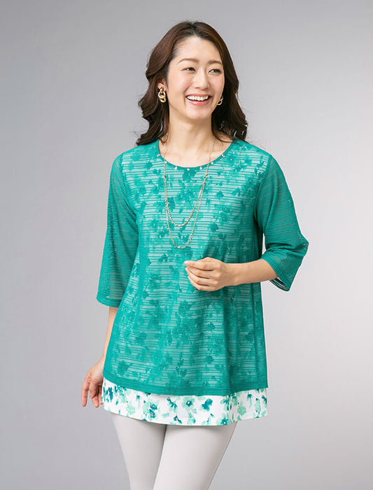 涼感レース使い花柄プルオーバー2色組