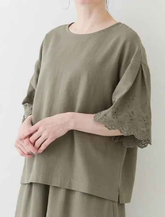 コットンリネン袖レースブラウス
