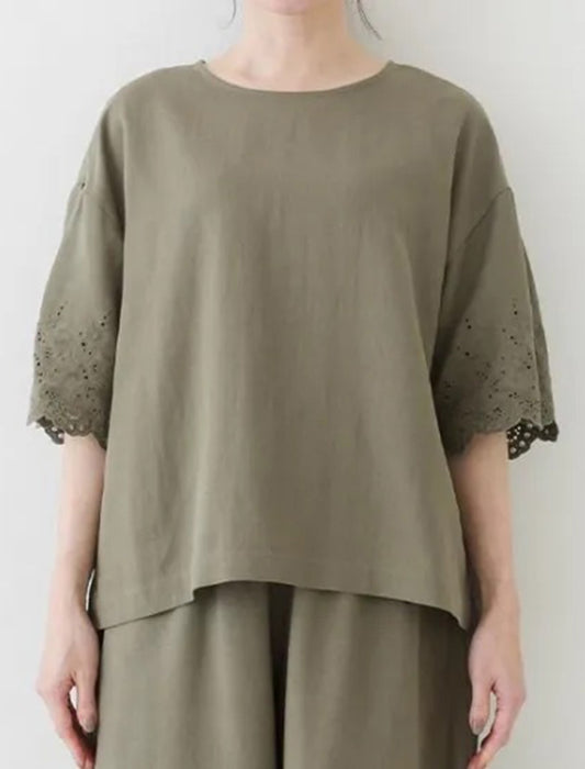 コットンリネン袖レースブラウス