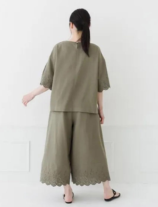 コットンリネン袖レースブラウス