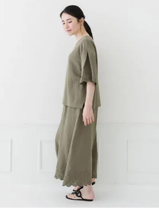 コットンリネン袖レースブラウス