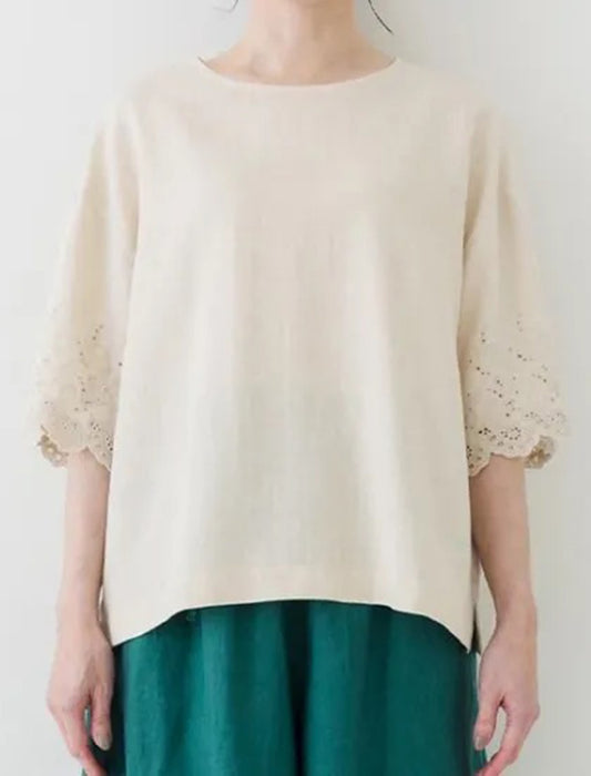 コットンリネン袖レースブラウス