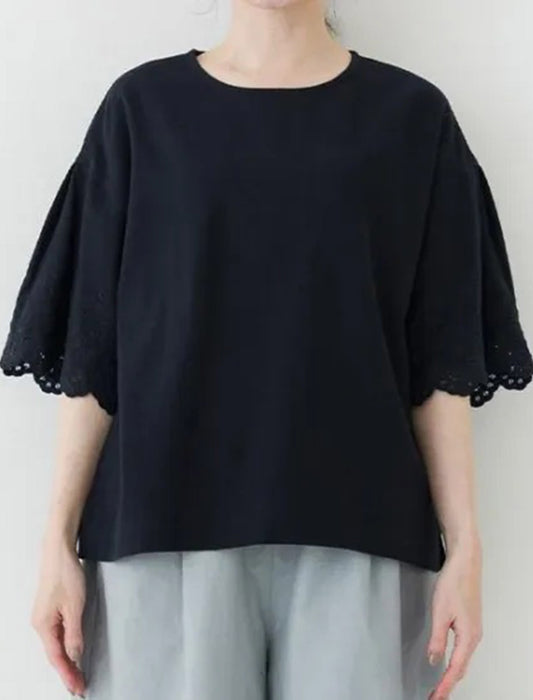 コットンリネン袖レースブラウス