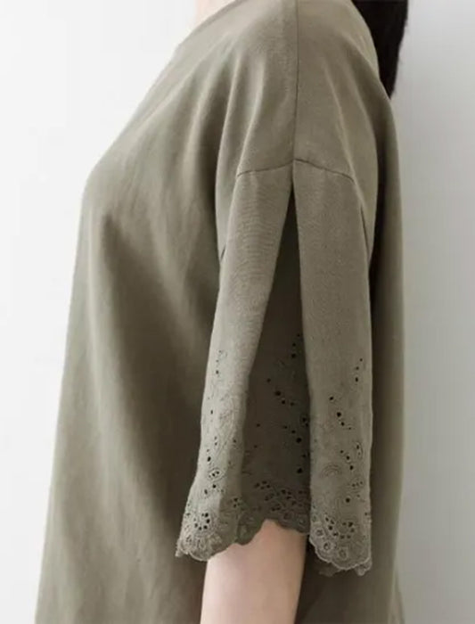 コットンリネン袖レースブラウス