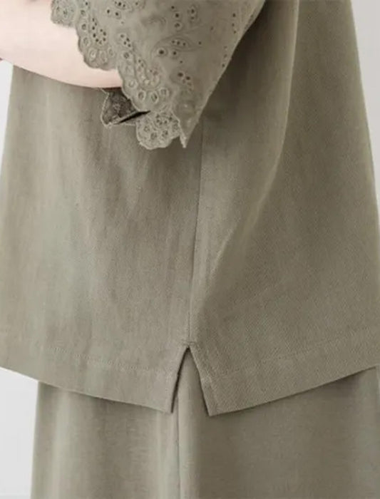 コットンリネン袖レースブラウス