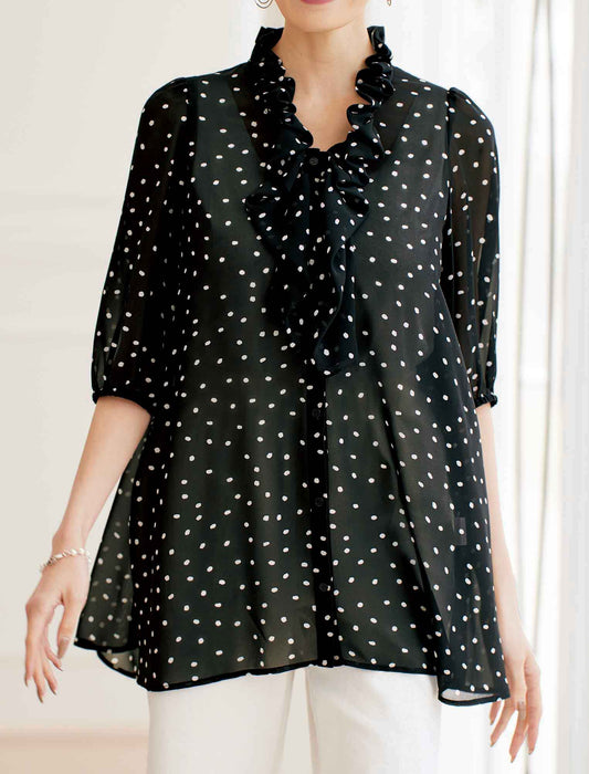 【受注】ドットシフォンフリル衿ブラウス