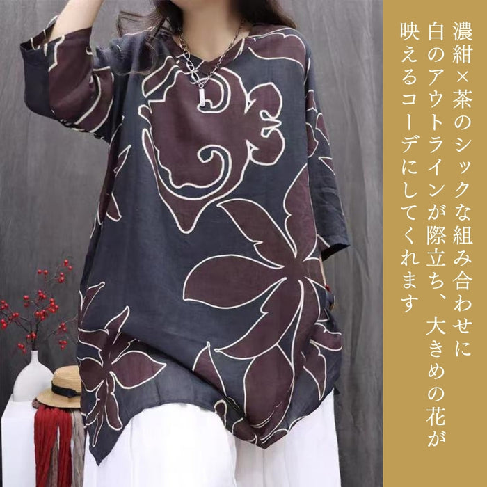 ボタニカルアートチュニック丈ブラウス　