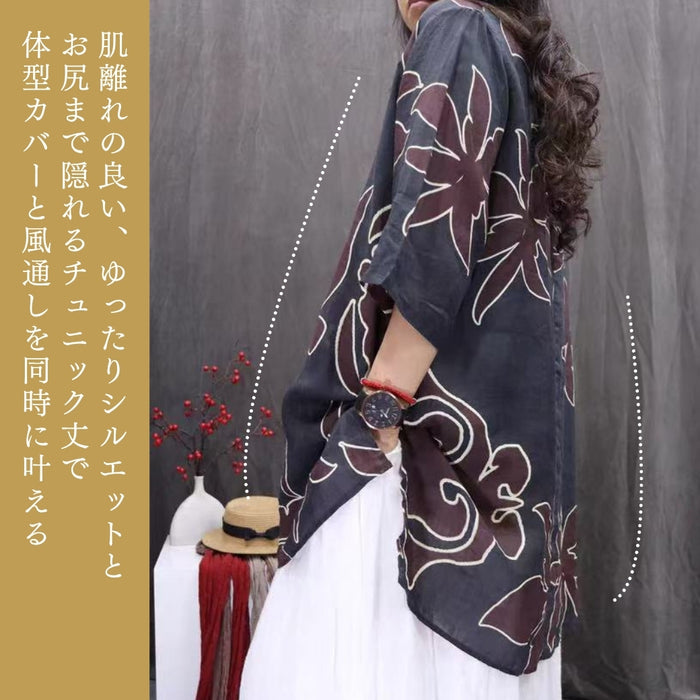 ボタニカルアートチュニック丈ブラウス　