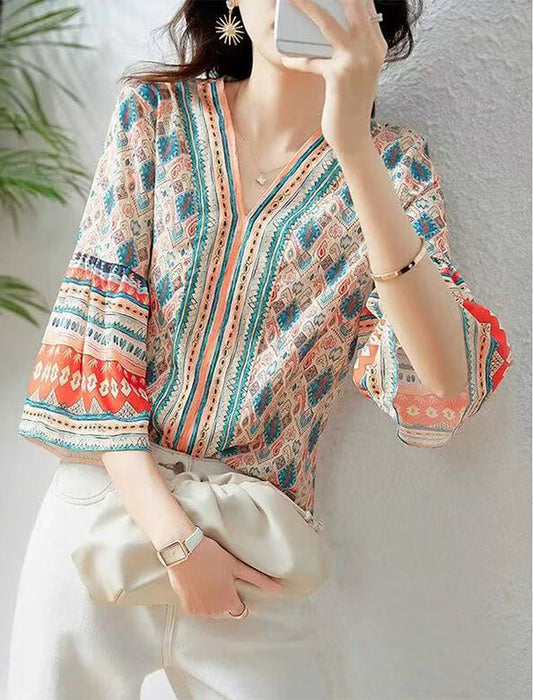 エスニック柄フリル袖ブラウス　