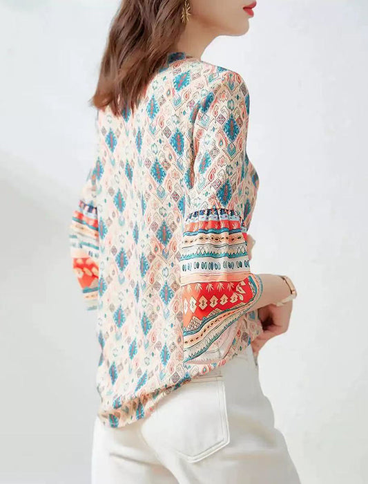 エスニック柄フリル袖ブラウス　