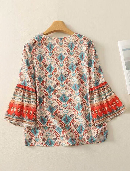 エスニック柄フリル袖ブラウス　