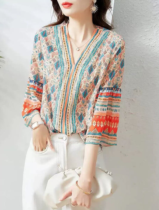 エスニック柄フリル袖ブラウス　