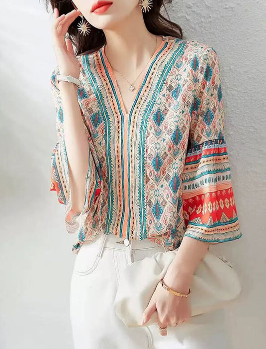 エスニック柄フリル袖ブラウス　