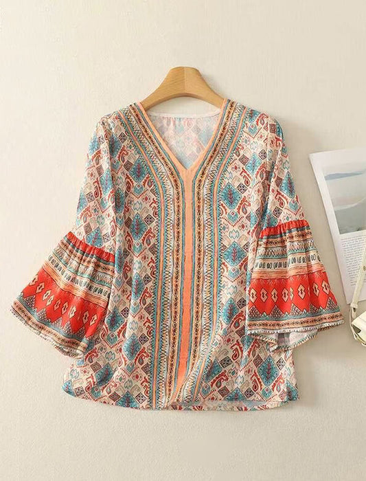 エスニック柄フリル袖ブラウス　