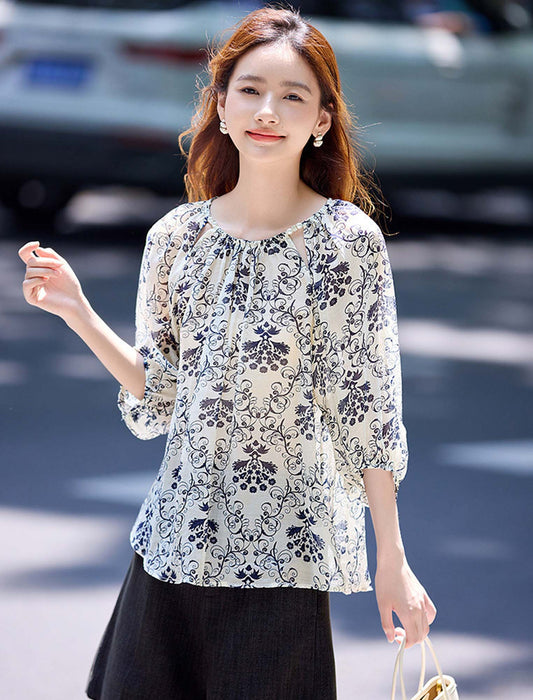 ラウンドネックプリントシャツ