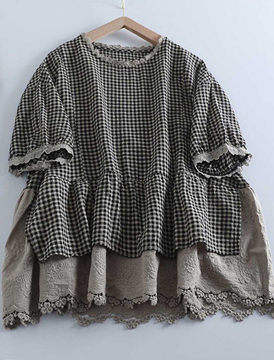 ギンガムレースデザイントップス　
