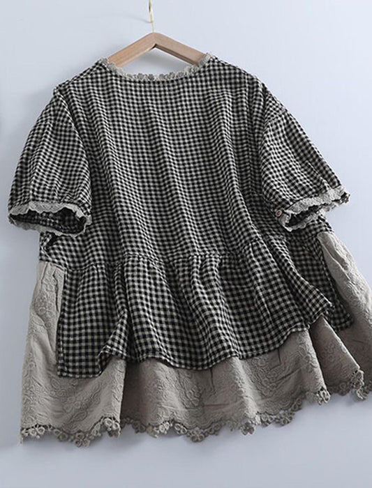 ギンガムレースデザイントップス　