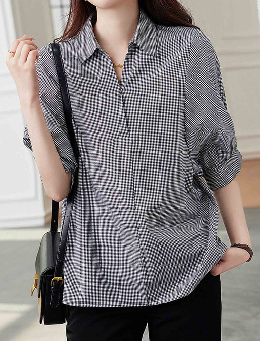 五分袖レトロブラウスチェックブラウス　
