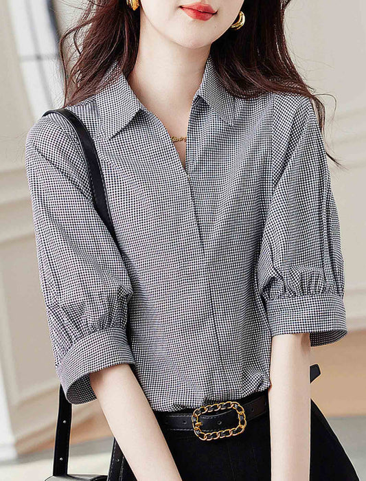 五分袖レトロブラウスチェックブラウス　