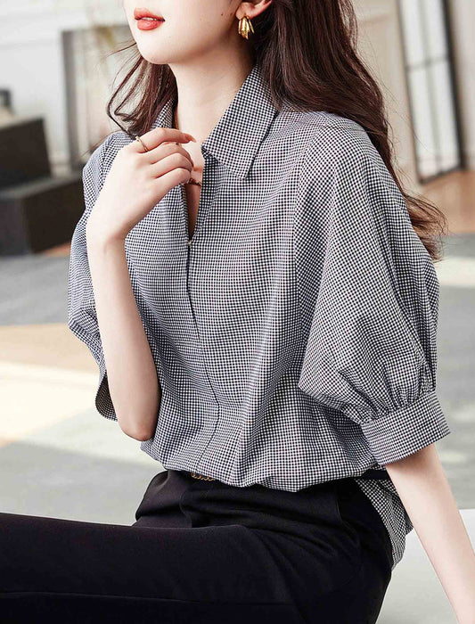五分袖レトロブラウスチェックブラウス　