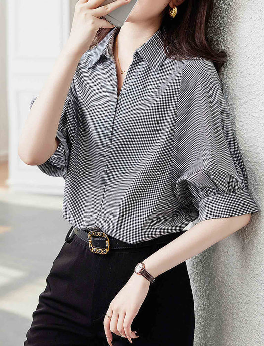 五分袖レトロブラウスチェックブラウス　