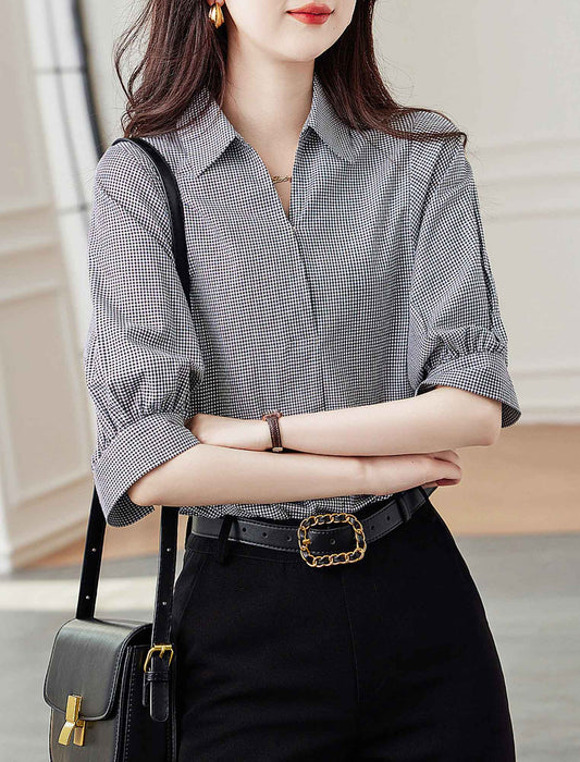 五分袖レトロブラウスチェックブラウス　
