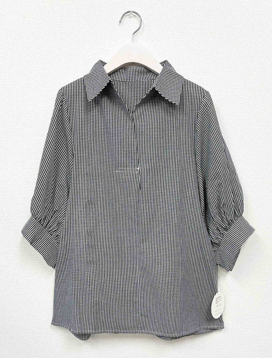 五分袖レトロブラウスチェックブラウス　