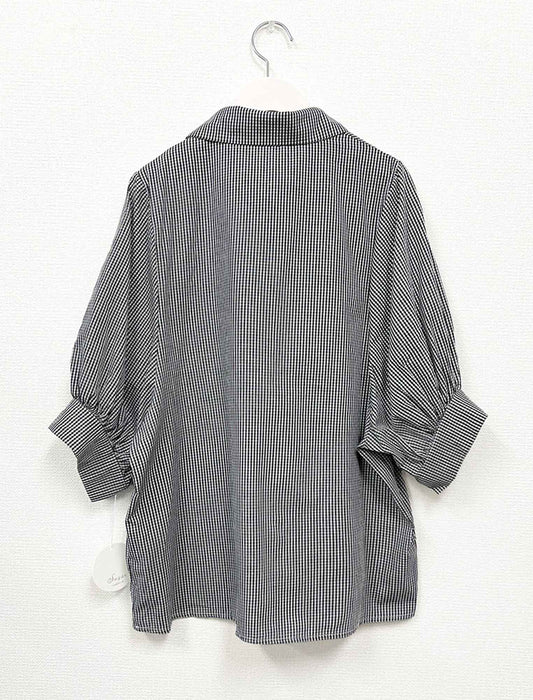 五分袖レトロブラウスチェックブラウス　