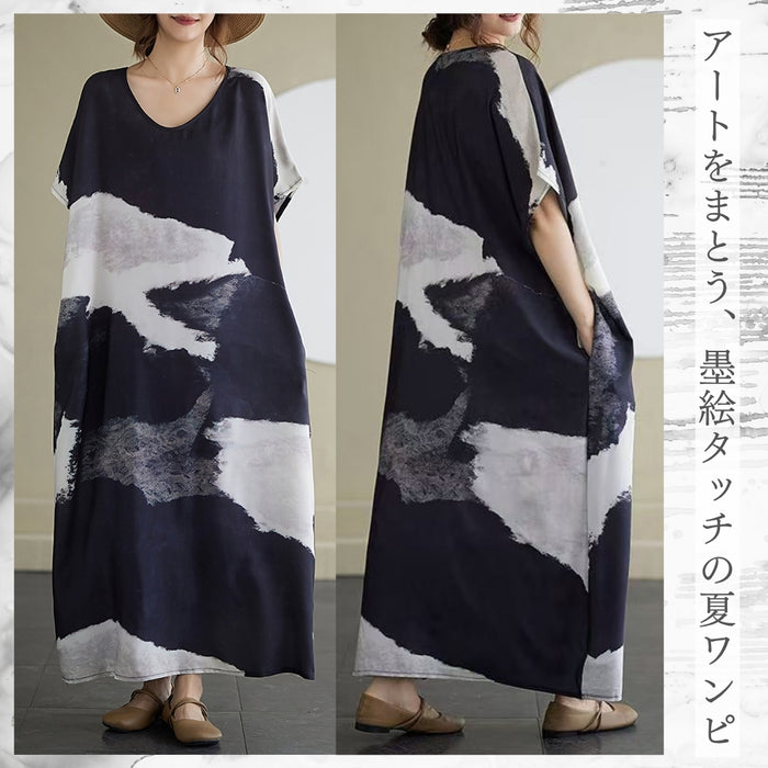 墨絵風プリントワンピース