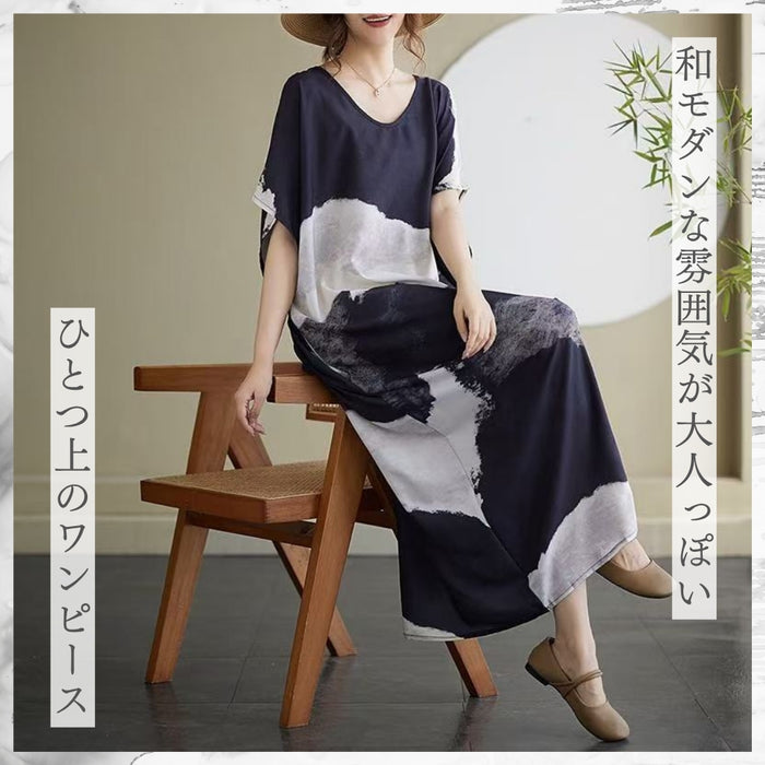 墨絵風プリントワンピース