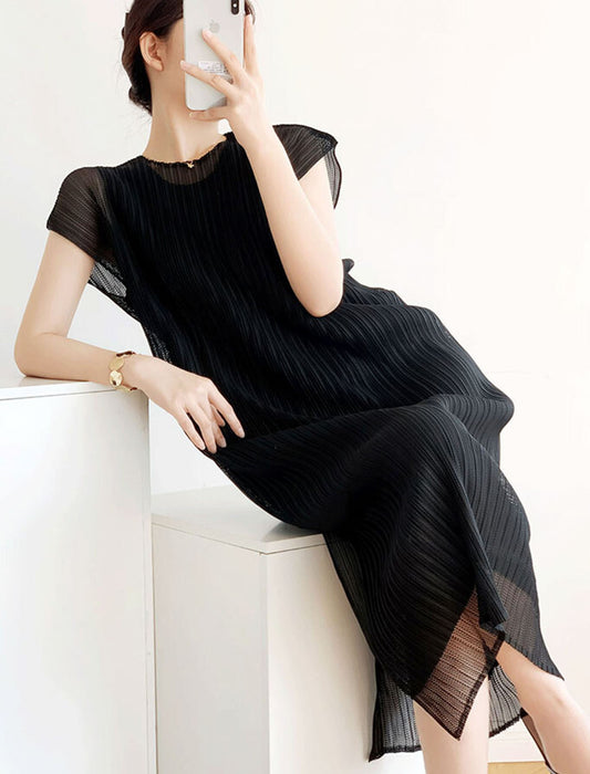メッシュレース2枚重ねプリーツワンピース　