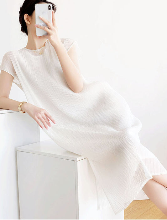 メッシュレース2枚重ねプリーツワンピース　