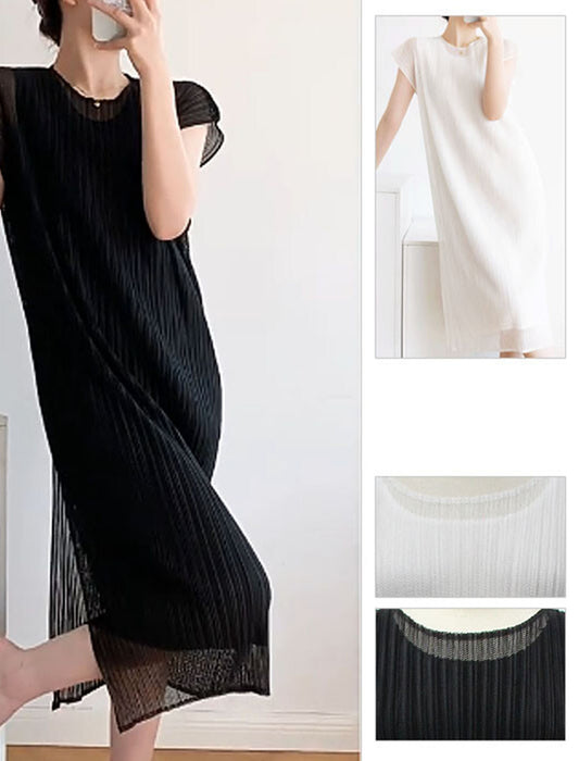 メッシュレース2枚重ねプリーツワンピース　