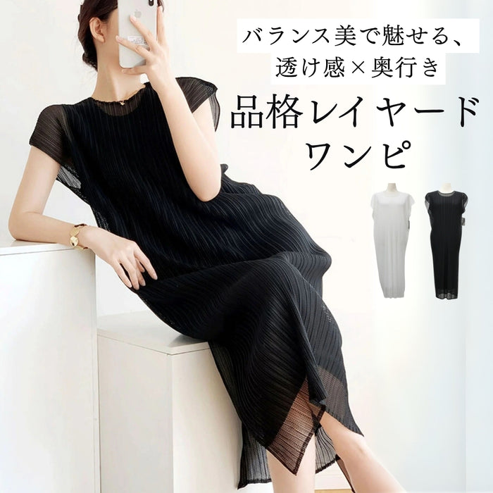 メッシュレース2枚重ねプリーツワンピース　