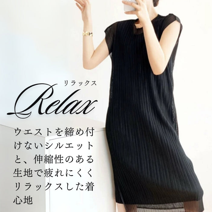 メッシュレース2枚重ねプリーツワンピース　