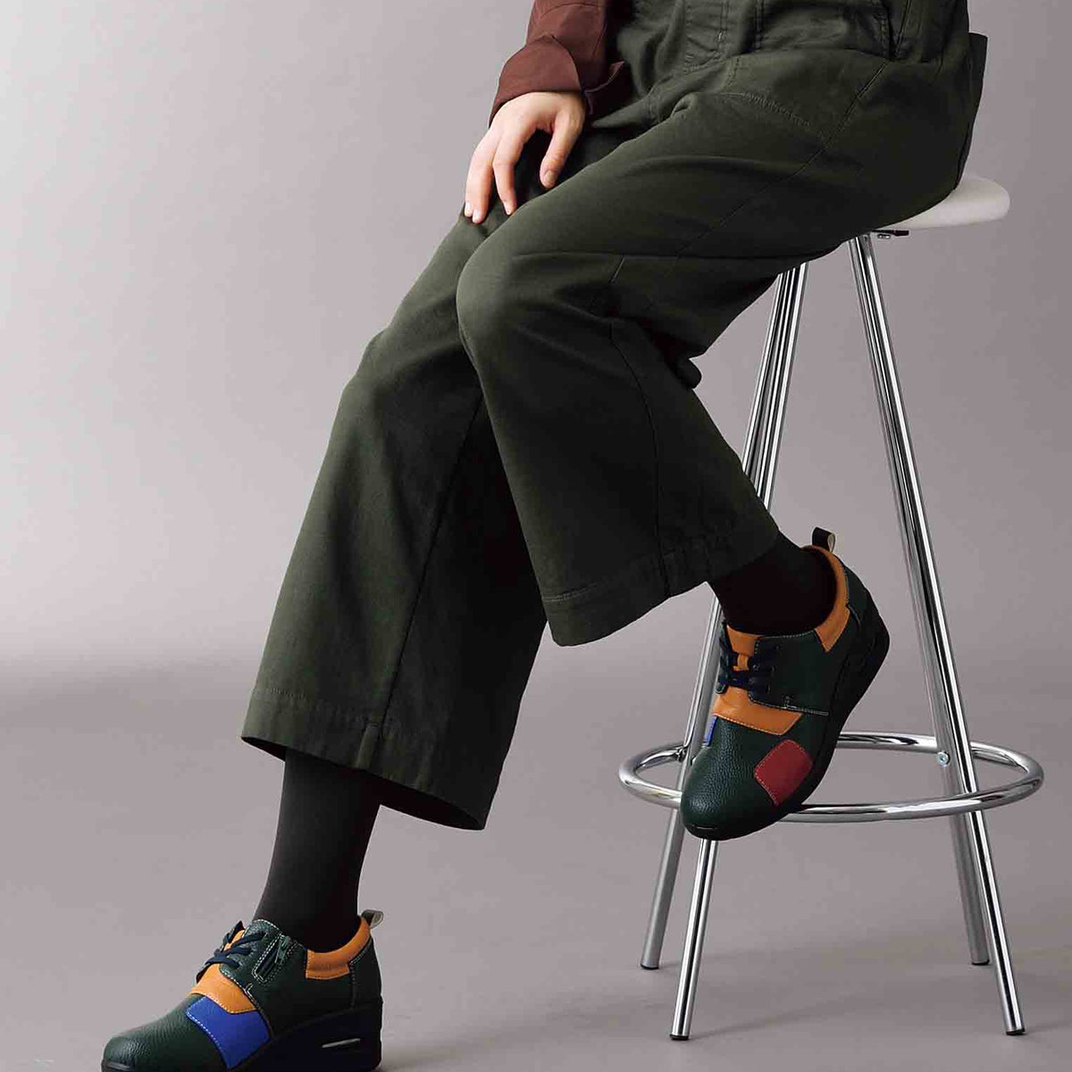 受注】エアソールゴム紐配色パッチワークウォーキングシューズ