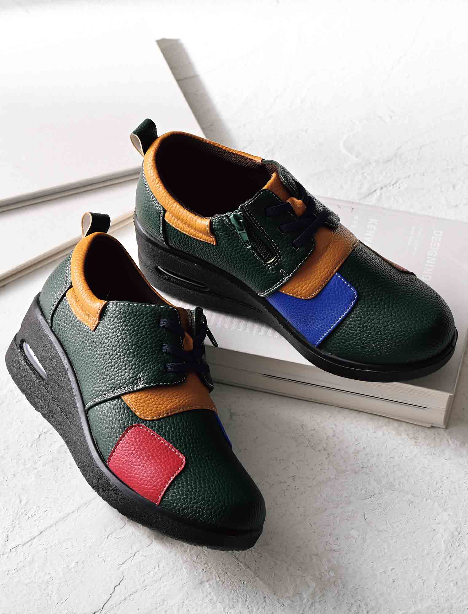 受注】エアソールゴム紐配色パッチワークウォーキングシューズ