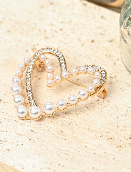 ダブルハートラインストーンパールブローチ